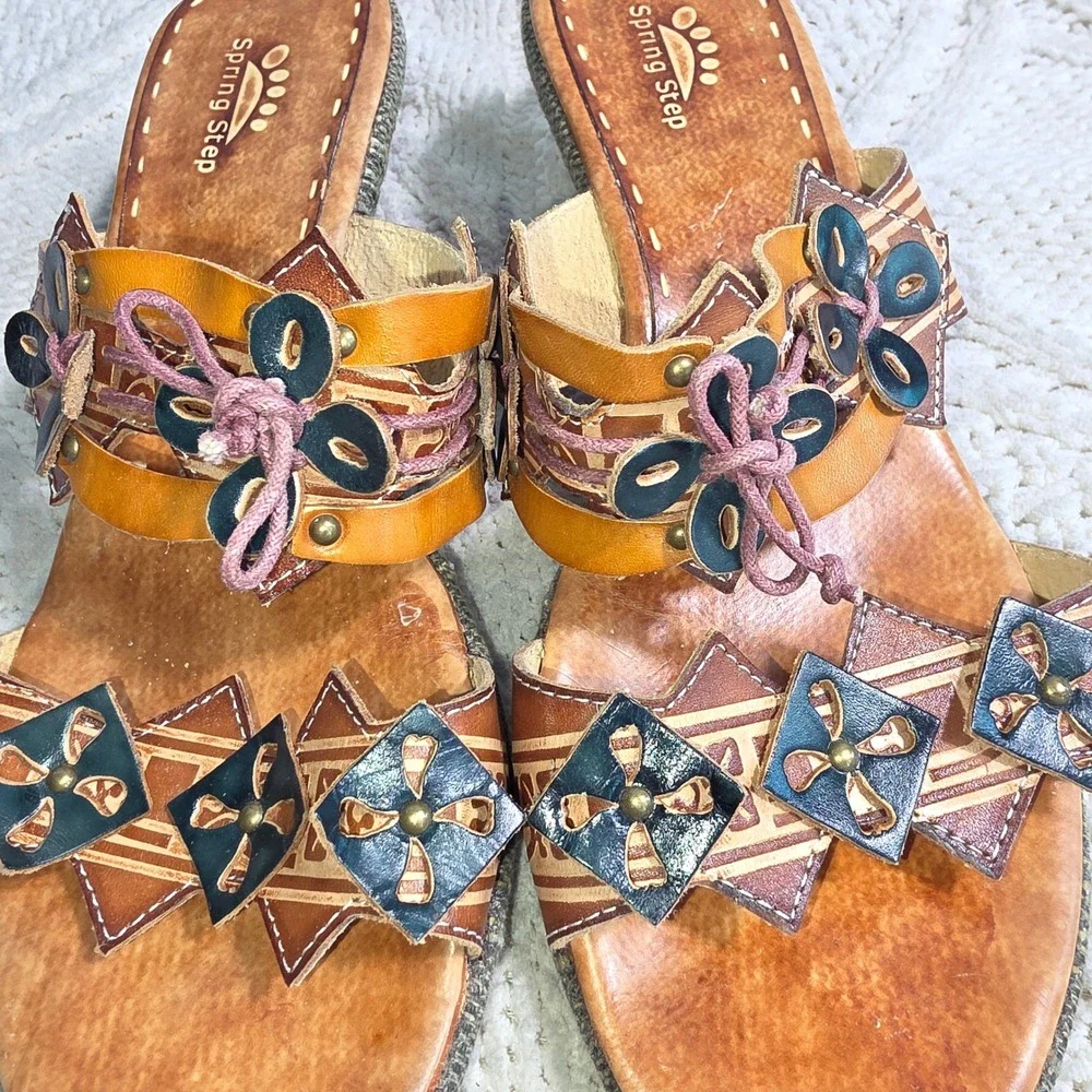 Spring‎ Step Wedge Slide Sandals Brown Leather Flowers Floral Boho Womens 40 9